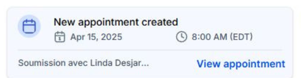 Notification réelle du système : rendez-vous de soumission créé automatiquement dans l'agenda